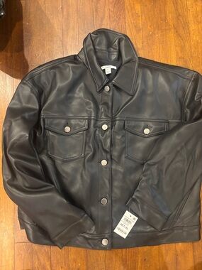 Bar III Black Faux Leather Bomber Jacket with Snap Front
